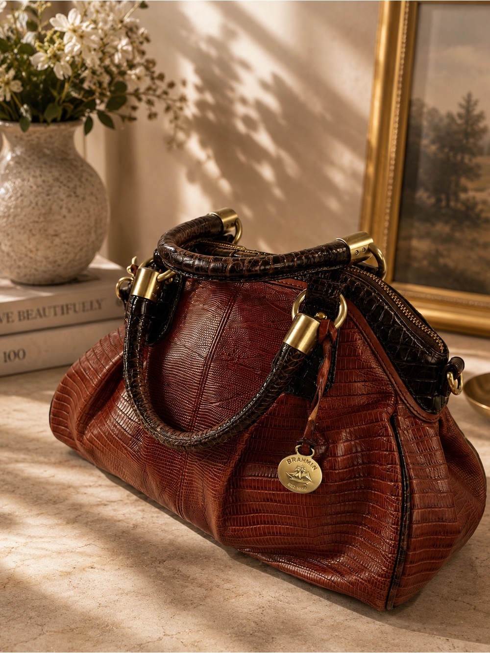 Brahmin Chestnut & Dark Brown Lizard-Embossed Leather Satchel
